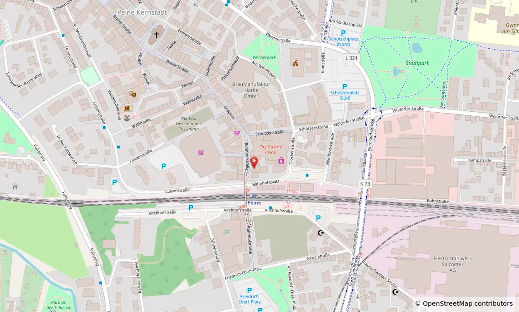 OpenStreetMap die einen Ausschnitt von Peine mit der Hausarztpraxis Peine zeigt.